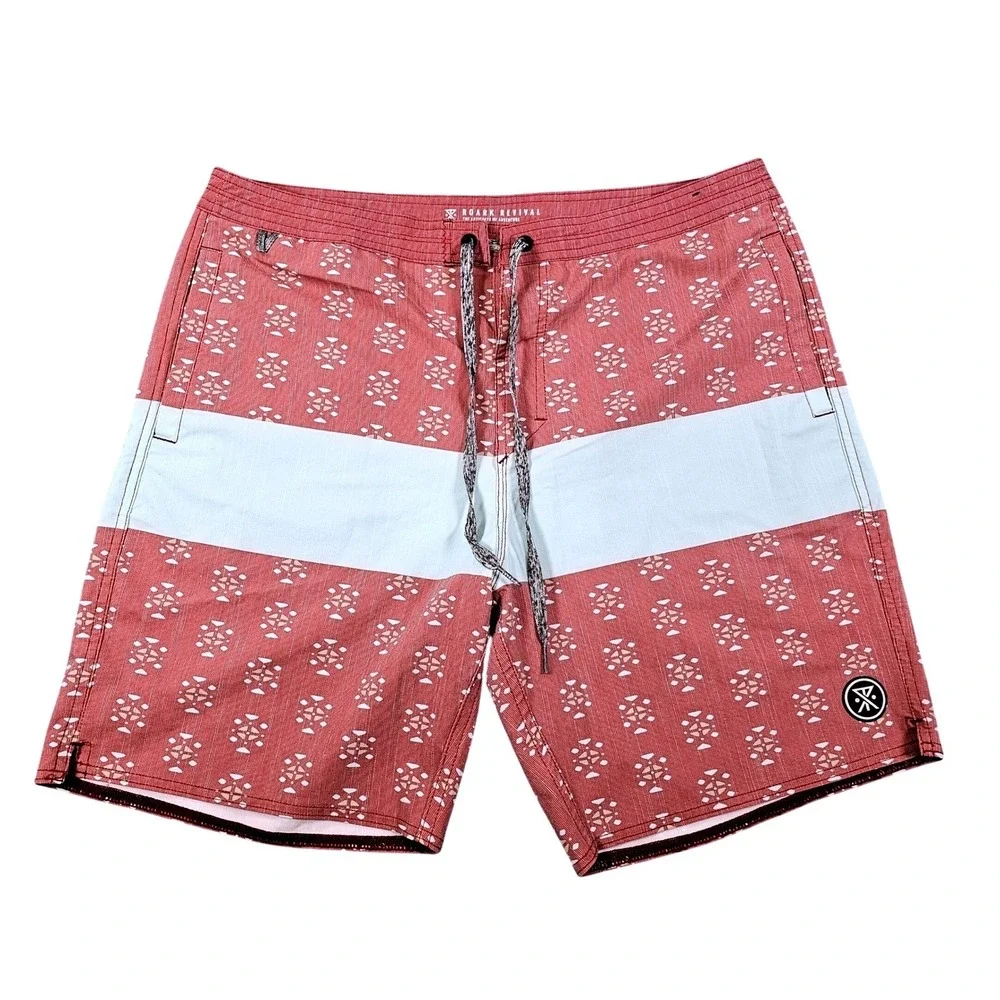 Roark Revival Mens Board Shorts Burgundy Mint Geometric Tribal Print Size 34